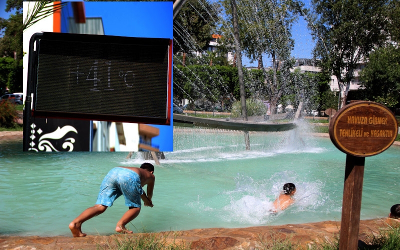 Sıcaklık 41 dereceyi buldu, çocuklar süs havuzuna daldı